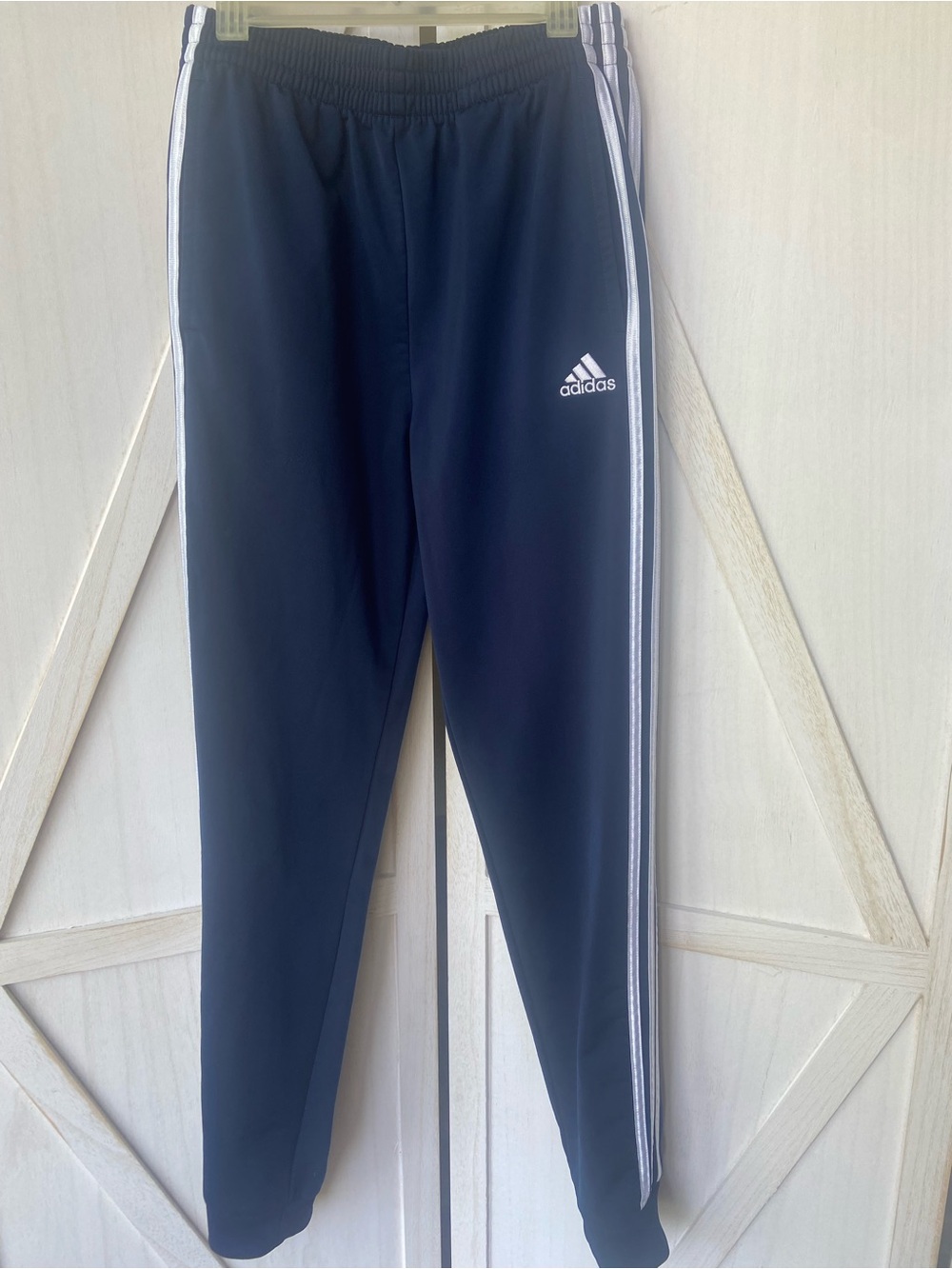 adidas Big Boys Iconic Tricot Jogger Navy, Size L (14-16) w/ White Three-Stripes